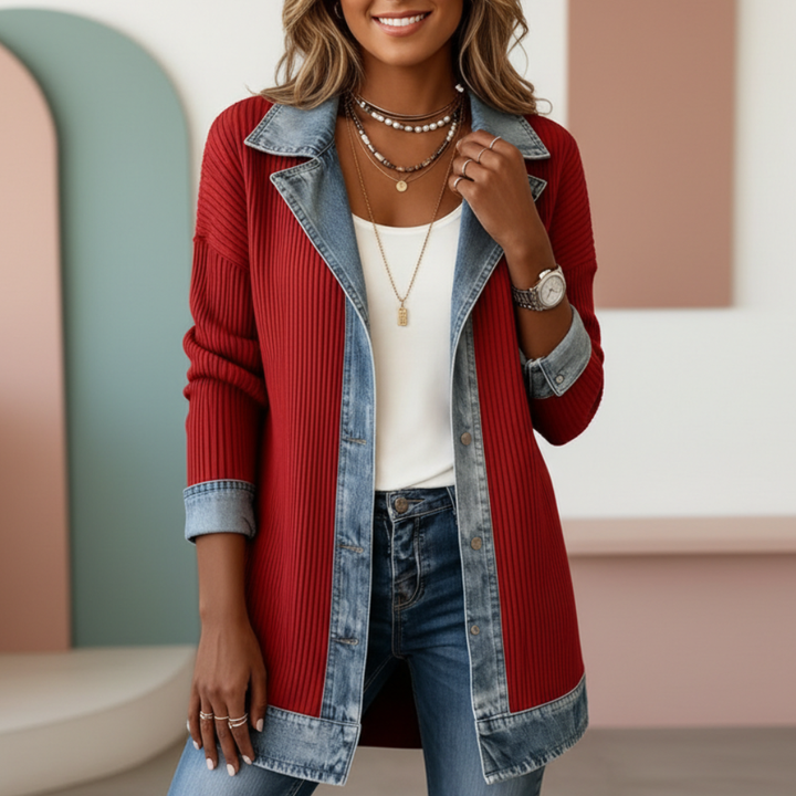 Lässige Denim-Patchwork-Jacke mit Kragen für Frauen