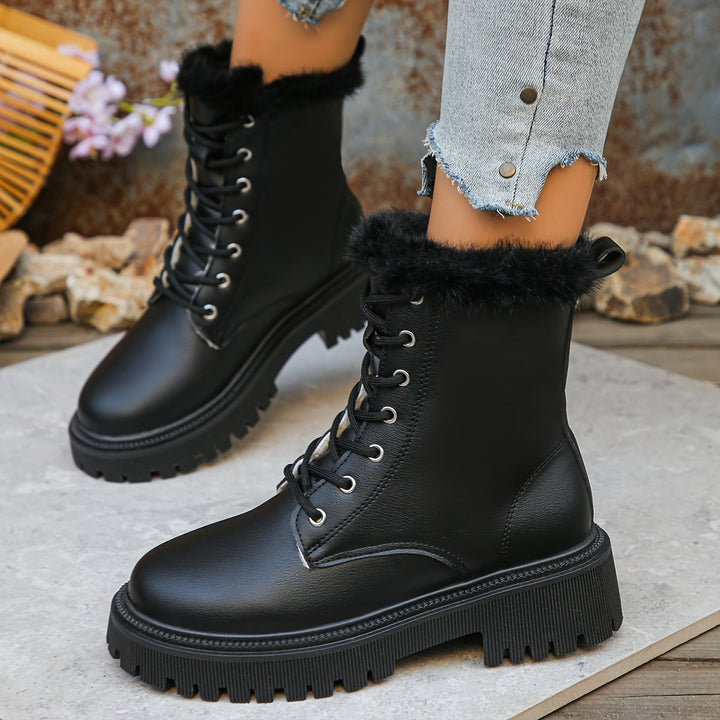 Damen Winterstiefeletten mit dicker Sohle und Kunstfellfutter zum Schnüren
