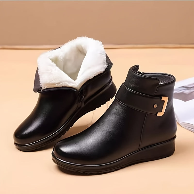 Damen Winterstiefeletten Schwarz mit warmem Futter und Schnallen-Detail