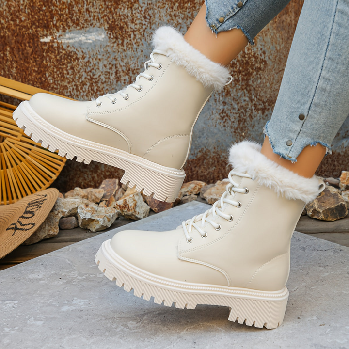 Damen Winterstiefeletten mit dicker Sohle und Kunstfellfutter zum Schnüren