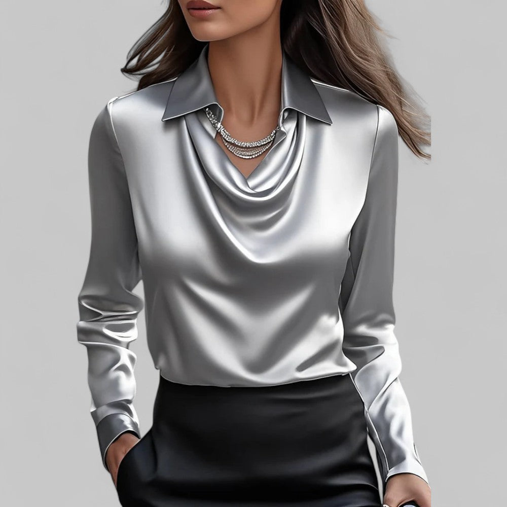 Theresa | Elegant Waterfall Neck Satin Blouse for Women