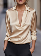 Damen Stilvolle Vielseitige Satin-Look Bluse mit V-Ausschnitt | Havanna