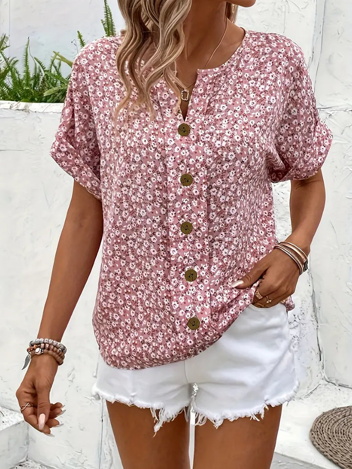 Damen Bluse mit floralem Druck und kurzen Ärmeln aus leichtem Stoff