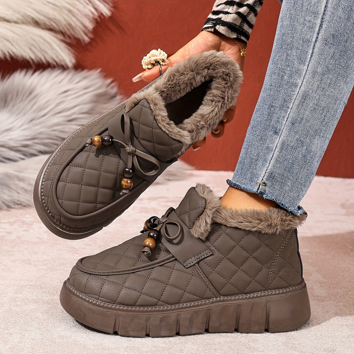 Damen Winter-Ankle Boots mit gepolstertem Design, Plateausohle, Kunstfellfutter, Zierperlen und Schnürung