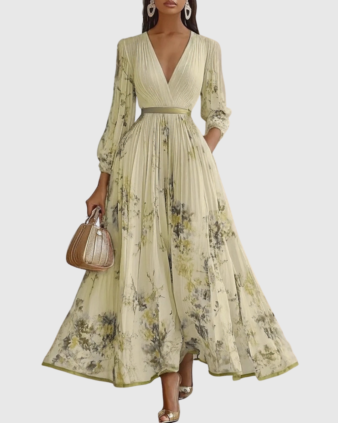 Maxikleid für Hochzeitsgäste | Plissierter V-Ausschnitt