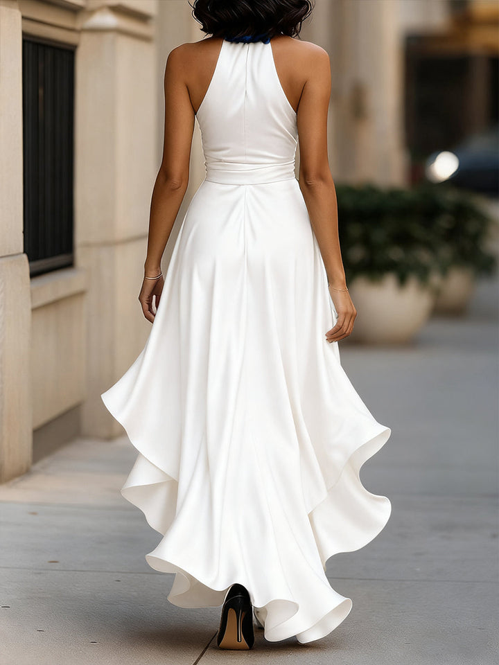 Damen Halter Rüschenkleid – Satin, Abendkleidung, Einfarbiges Design