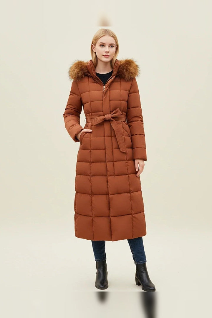 Damen Parka - Gestepptes Parka mit Gürteltaille und Kunstfellkapuze