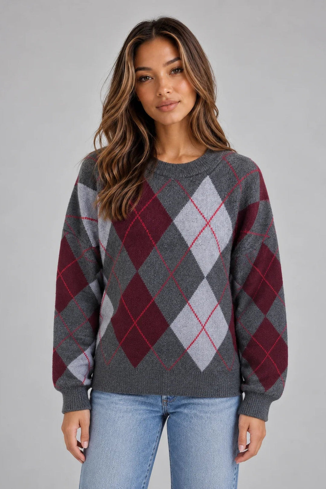 Pullover Damen - Argyle Strickpullover mit Rundhalsausschnitt