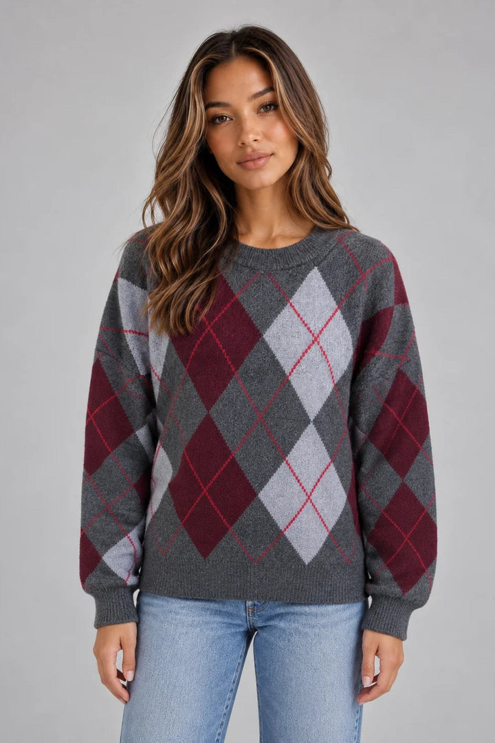Pullover Damen - Argyle Strickpullover mit Rundhalsausschnitt