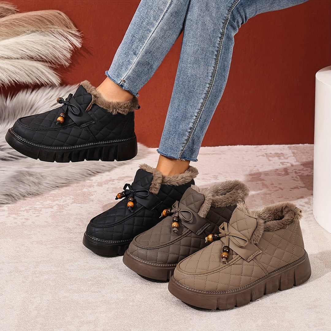 Damen Winter-Ankle Boots mit gepolstertem Design, Plateausohle, Kunstfellfutter, Zierperlen und Schnürung