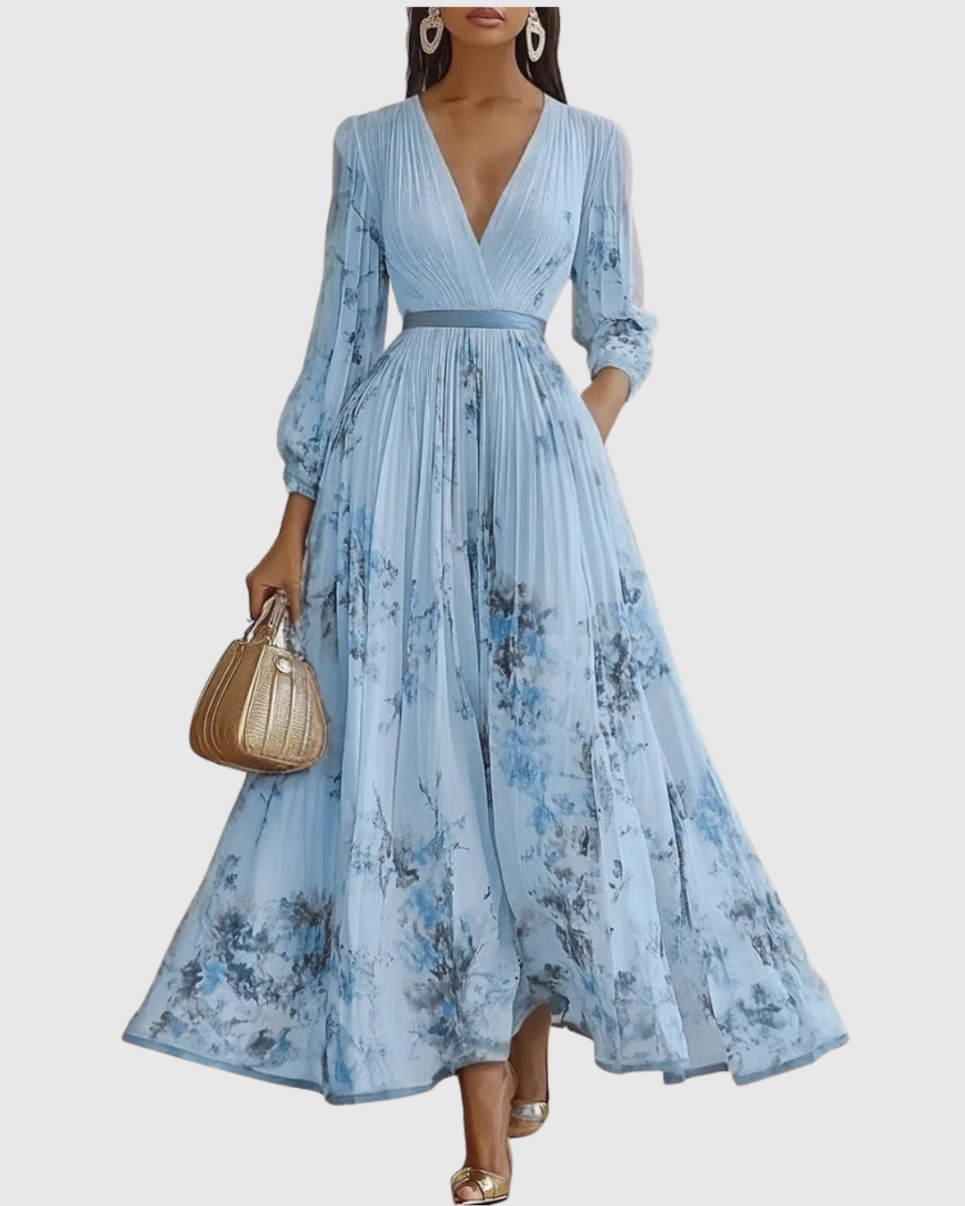 Maxikleid für Hochzeitsgäste | Plissierter V-Ausschnitt