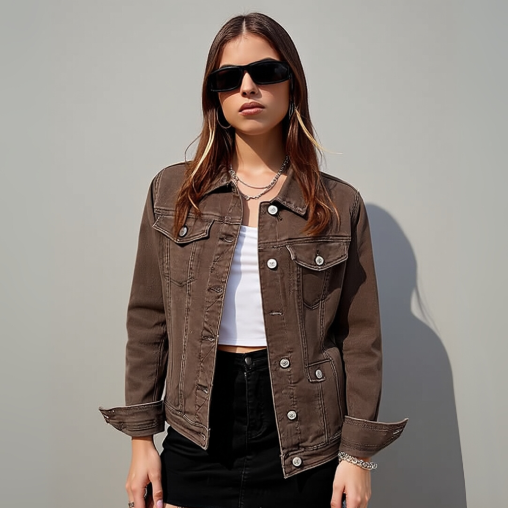 Basic taillierte Stretch-Jeansjacke mit Knopfleiste und langen Ärmeln