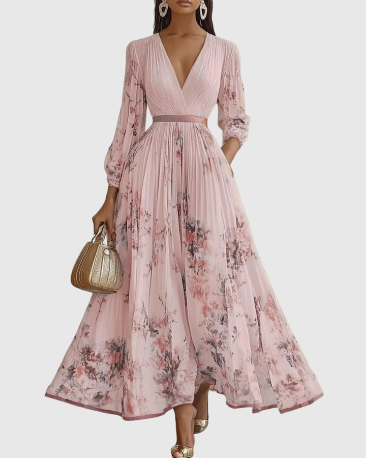 Maxikleid für Hochzeitsgäste | Plissierter V-Ausschnitt