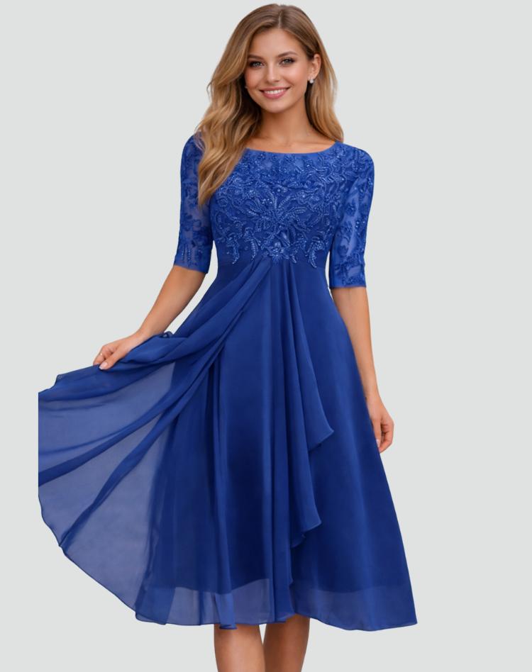 Midi Festkleid Damen Regular Fit Spitze Dreiviertelarm