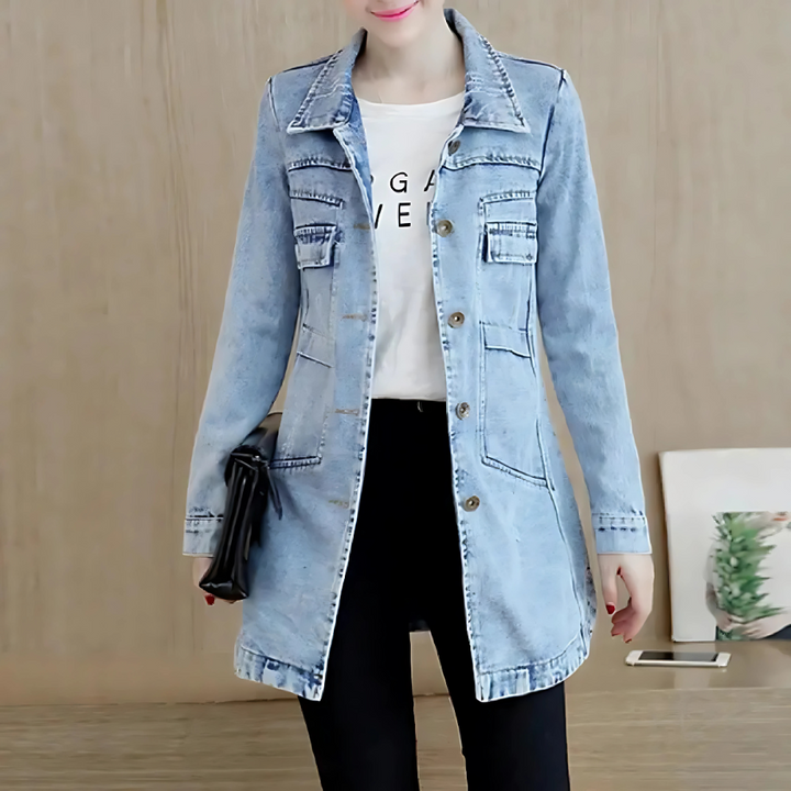 Lange Jeansjacke für Frauen mit Stickdetails