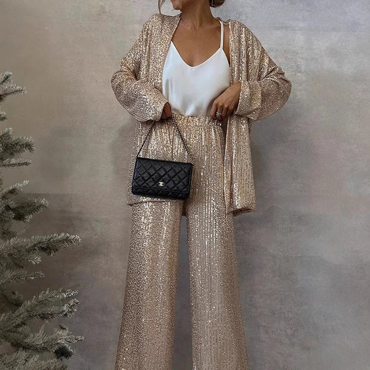 Damen Pailletten Abendset – Enganliegendes Oberteil &amp; Hochtaillierte Partyhose Set
