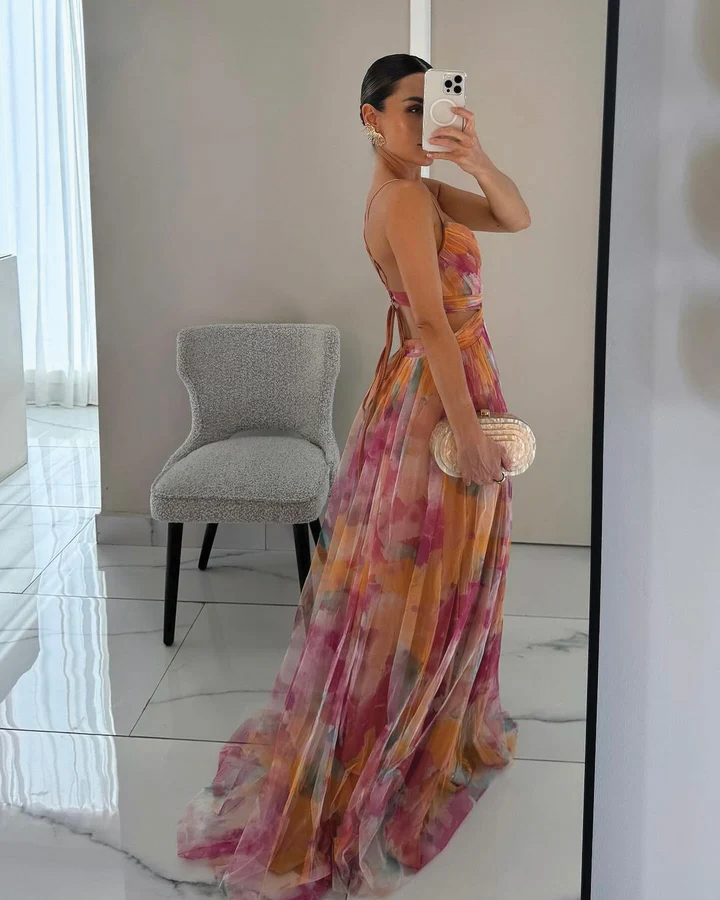 Robe longue pour invitées de mariage | Florale plissée