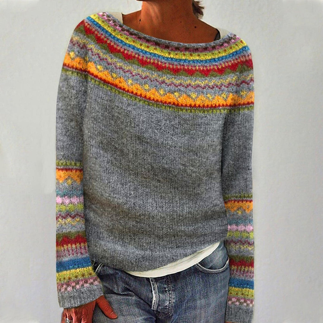 Damen Norwegischer Fair Isle Pullover – Nordischer Rundhals Strickpullover