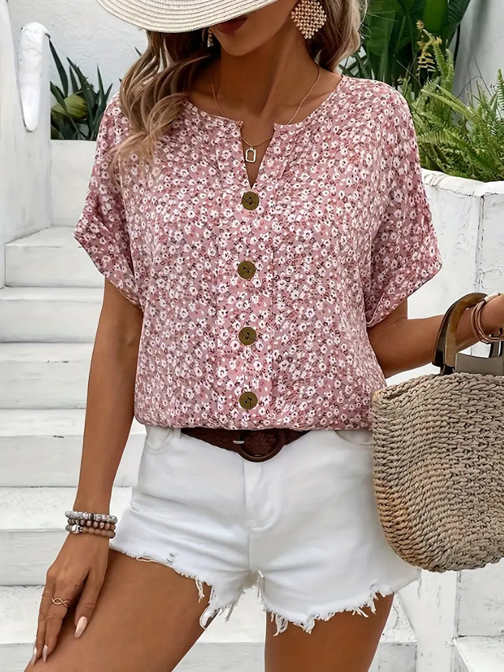 Damen Bluse mit floralem Druck und kurzen Ärmeln aus leichtem Stoff
