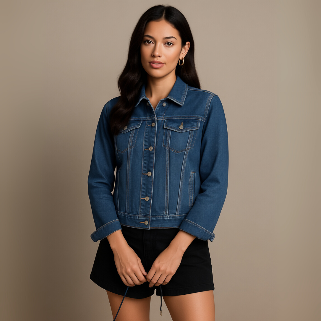 Basic taillierte Stretch-Jeansjacke mit Knopfleiste und langen Ärmeln