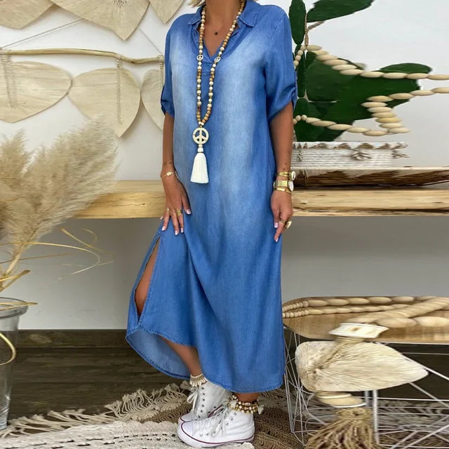 Lea | Long Denim Look Dress with Side Split
