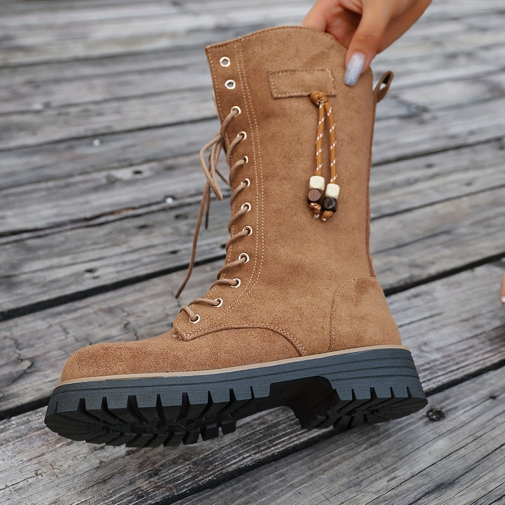 Damen Schnürstiefeletten knöchelhoch mit Profilsohle und Reißverschluss, braun