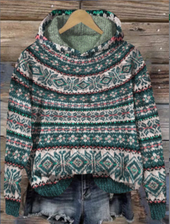 Damen Druckdesign mit Norwegischem Muster – Weicher Warmer Hoodie für Freizeit- und Winterstil