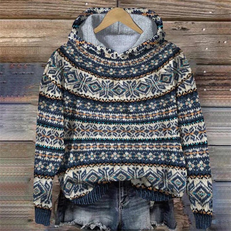 Damen Druckdesign mit Norwegischem Muster – Weicher Warmer Hoodie für Freizeit- und Winterstil