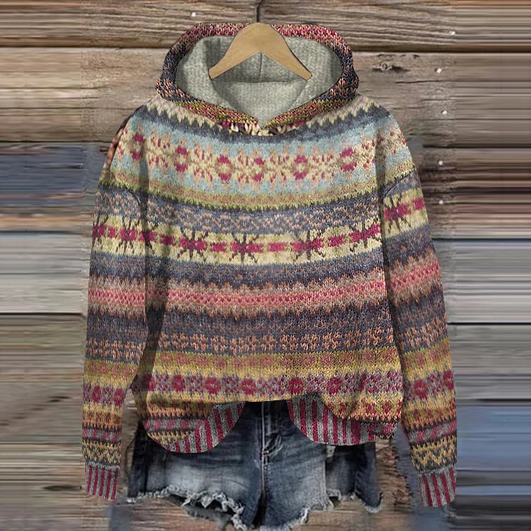 Damen Druckdesign mit Norwegischem Muster – Weicher Warmer Hoodie für Freizeit- und Winterstil
