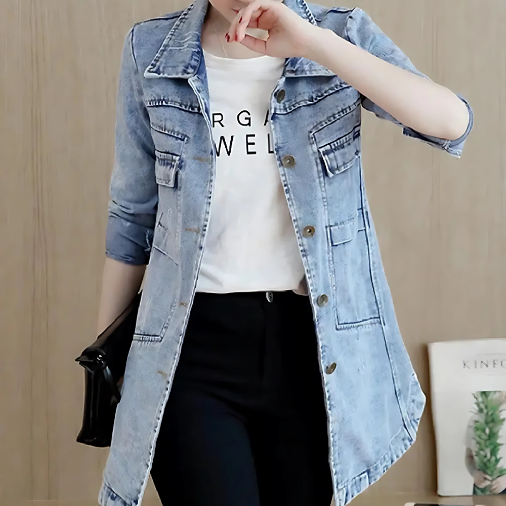 Lange Jeansjacke für Frauen mit Stickdetails