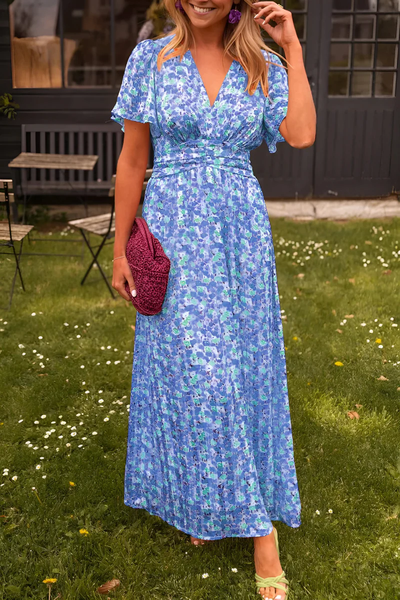 Lange Damenkleid | Buntes Blumenmuster | Tailliert &amp; Fließender Schnitt Sommer
