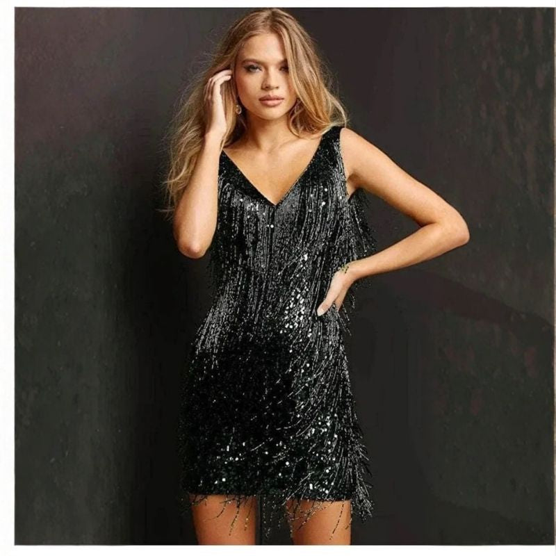 Damen A-Linien Cocktailkleid mit kaskadierenden Fransen und Paillettenakzenten