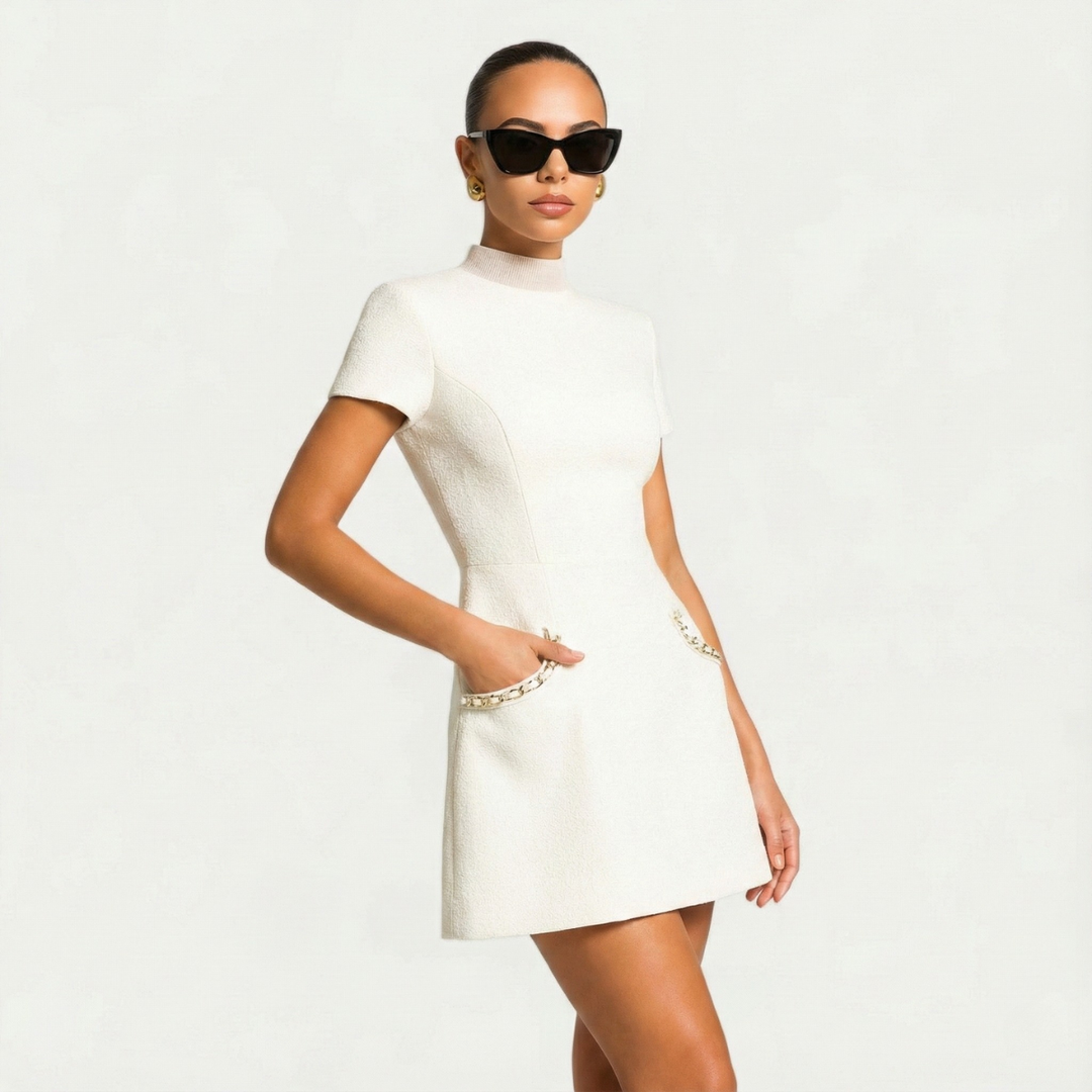 Damen Cocktail Mini Kleid | Perlenbesatz Tasche