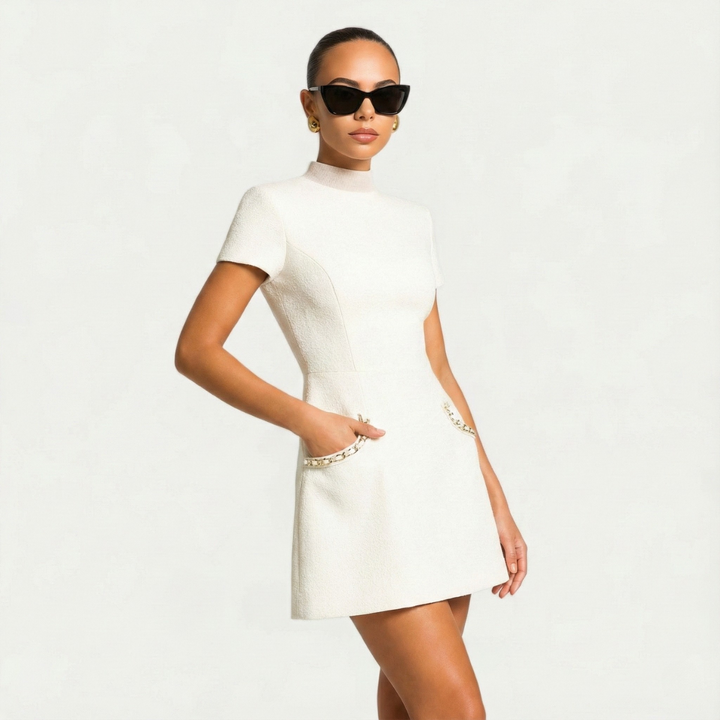 Damen Cocktail Mini Kleid | Perlenbesatz Tasche
