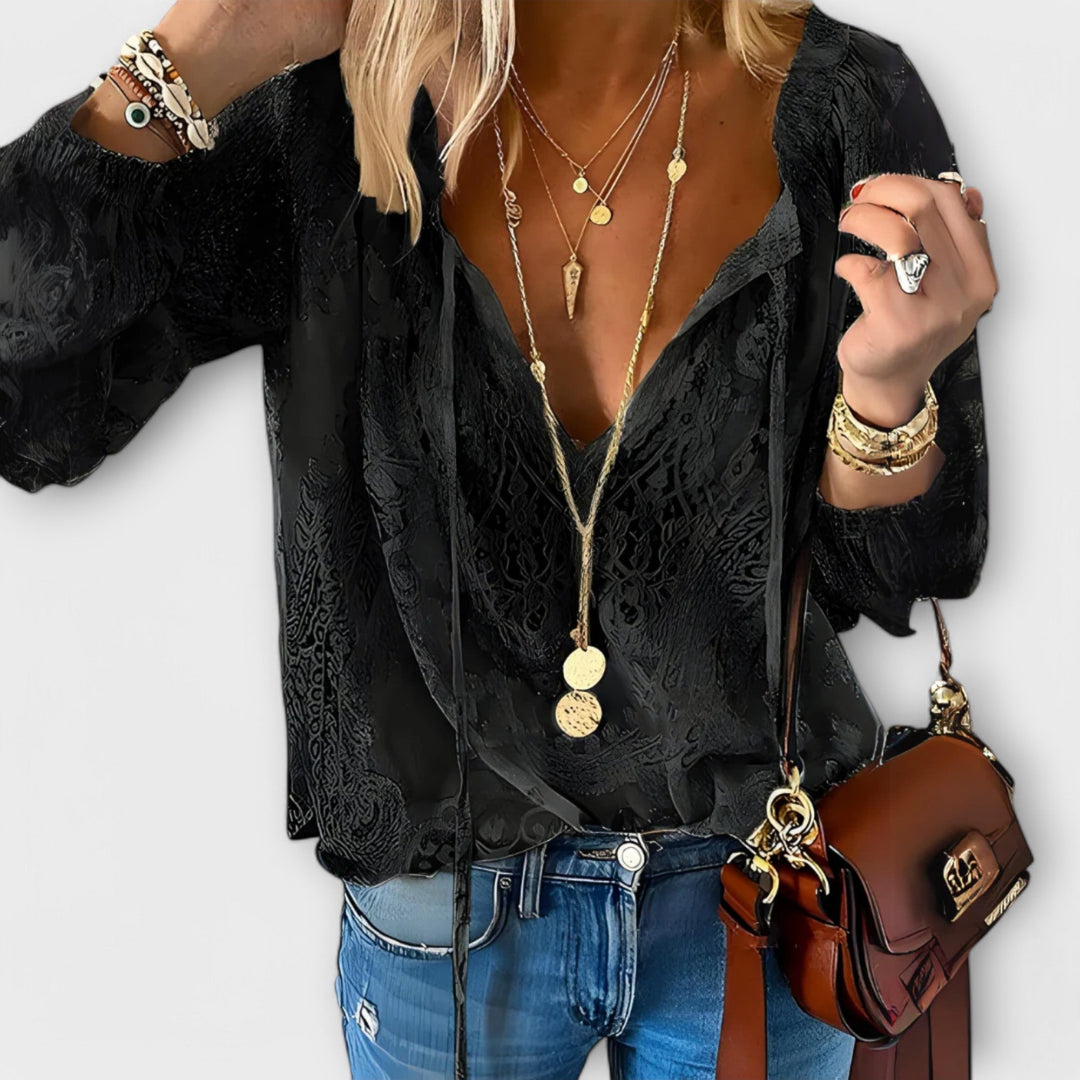 Damen Boho V-Ausschnitt Langarmtop – Entspannt Zarte Textur Sommer