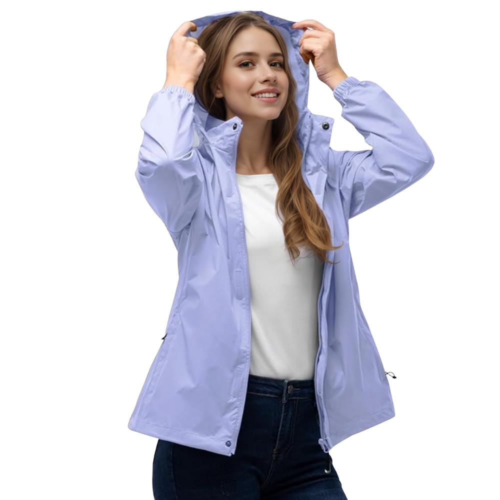 Damen wasserdichte packbare Regenjacke mit Kapuze für Reisen