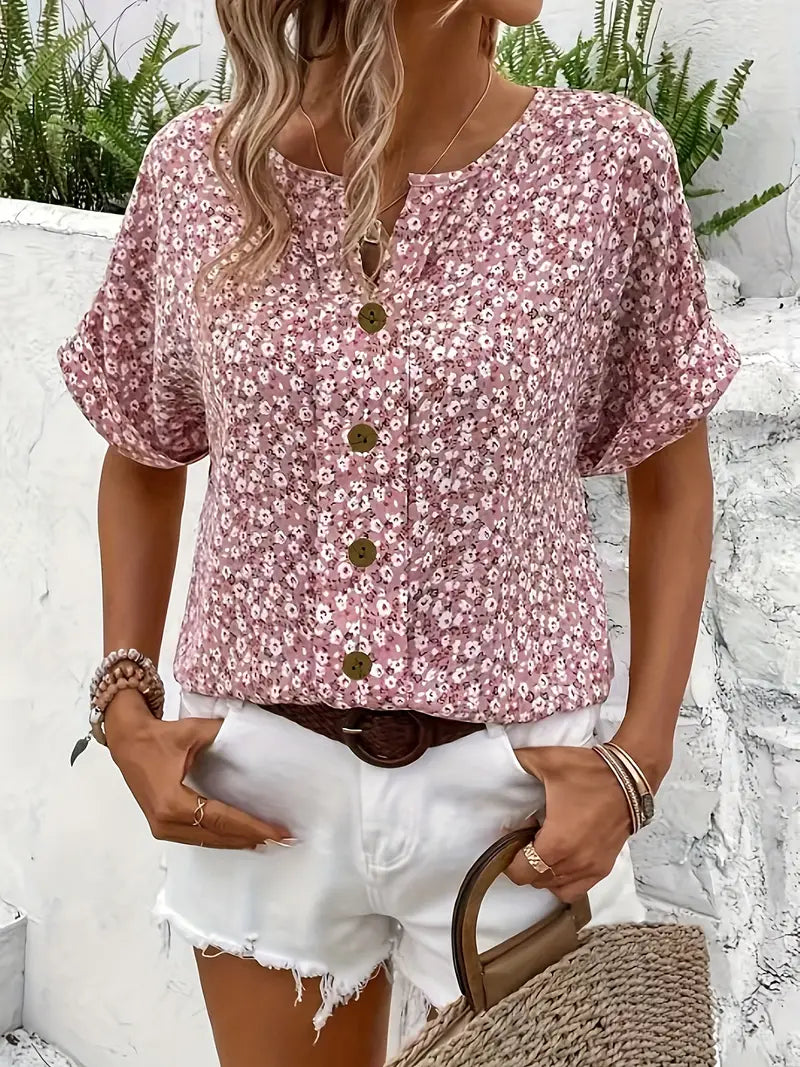 Damen Bluse mit floralem Druck und kurzen Ärmeln aus leichtem Stoff