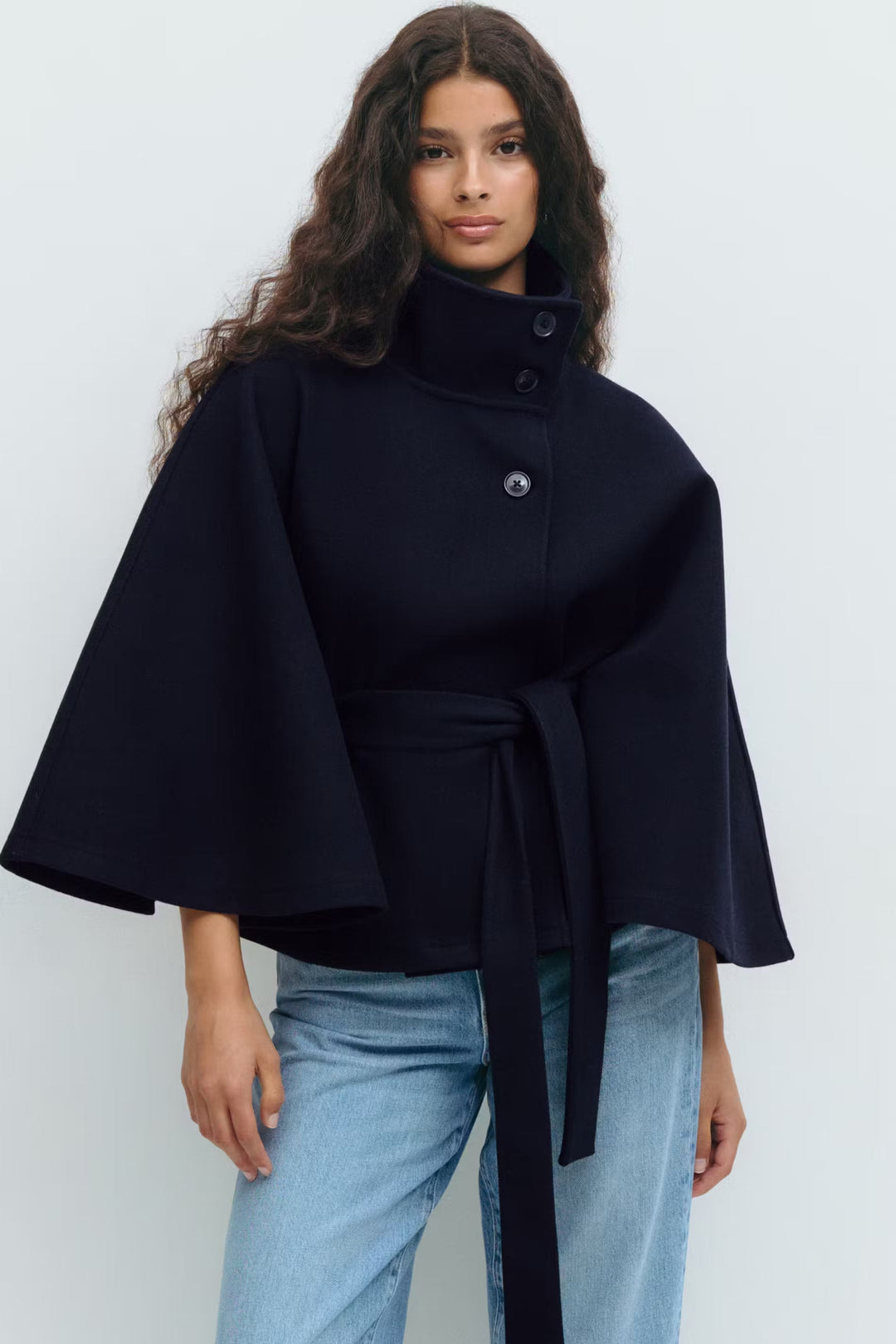 Cape Jas Damen Regular Fit Hoher Kragen Schleifen Gürtel Winter