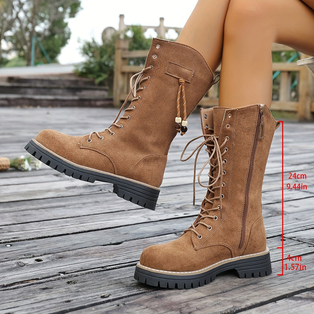 Damen Schnürstiefeletten knöchelhoch mit Profilsohle und Reißverschluss, braun