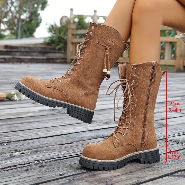 Damen Schnürstiefeletten knöchelhoch mit Profilsohle und Reißverschluss, braun