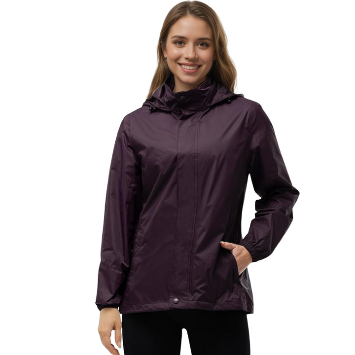 Damen wasserdichte packbare Regenjacke mit Kapuze für Reisen