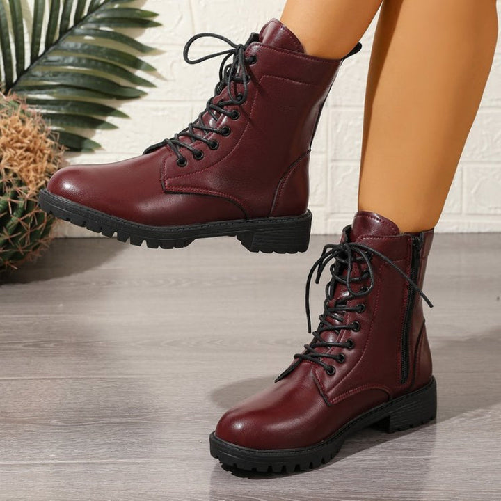 Damen Worker Boots Schnürstiefel Stiefeletten Bordeaux Rot mit Reißverschluss