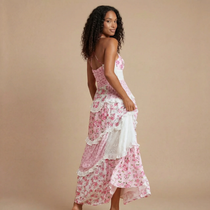 Ashley - Maxikleid mit floralem Druck, gestuften Rüschen und Spitzenbesatz