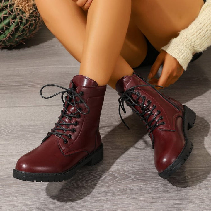 Damen Worker Boots Schnürstiefel Stiefeletten Bordeaux Rot mit Reißverschluss