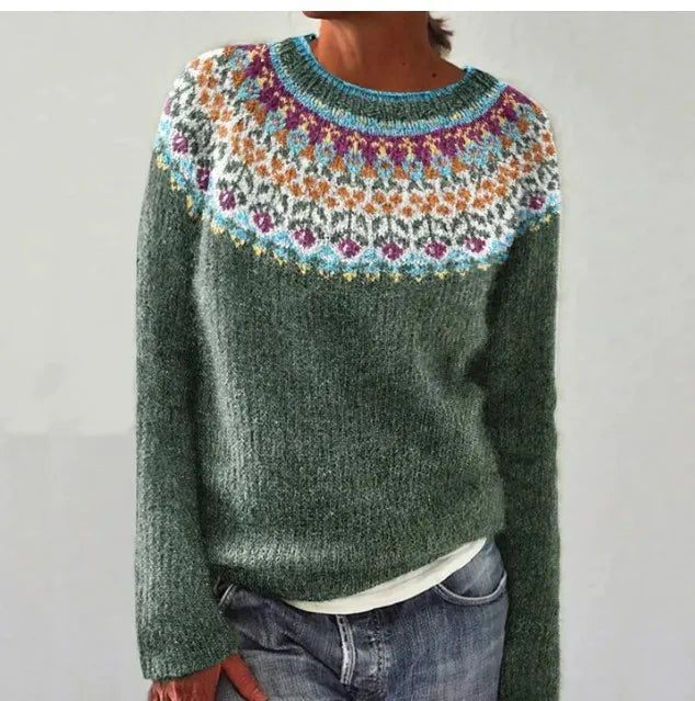 Damen Norwegischer Fair Isle Pullover – Nordischer Rundhals Strickpullover