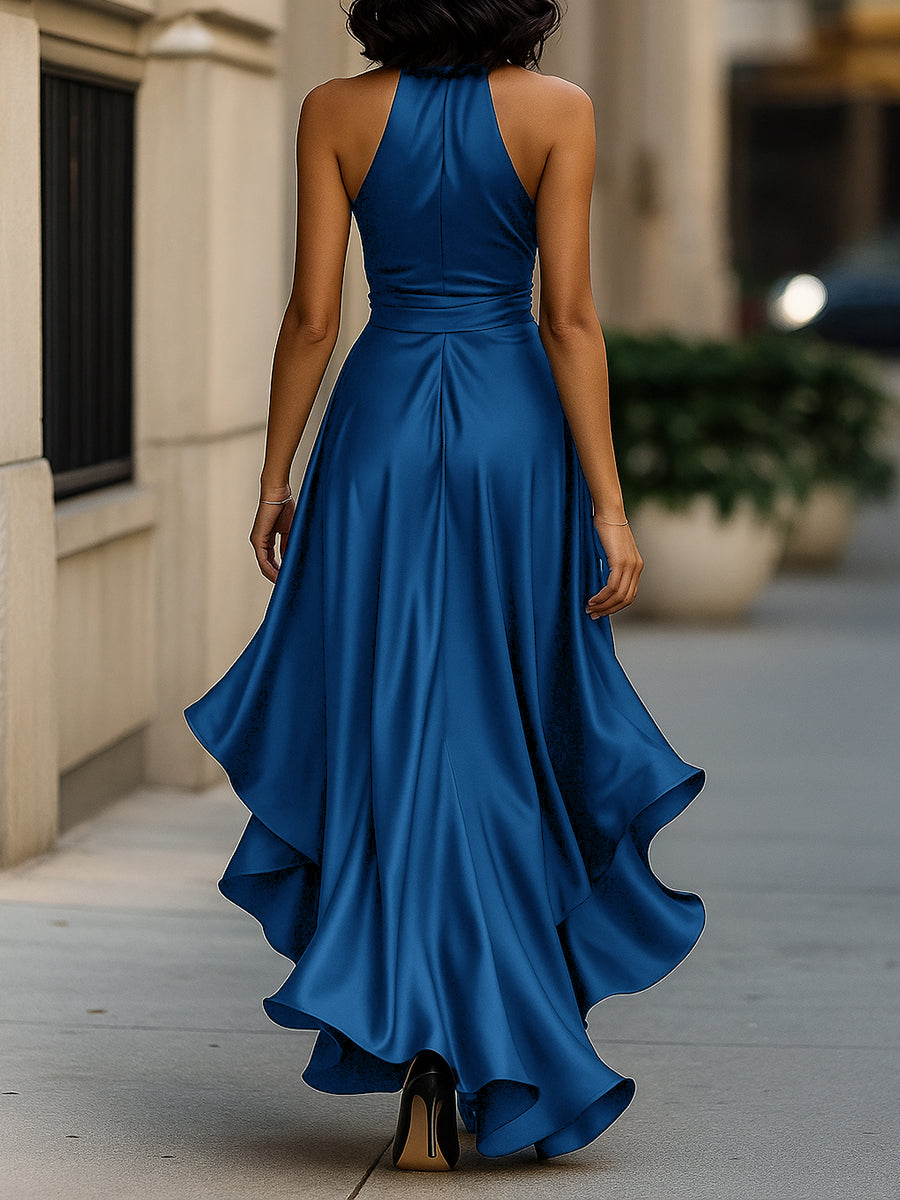 Damen Halter Rüschenkleid – Satin, Abendkleidung, Einfarbiges Design