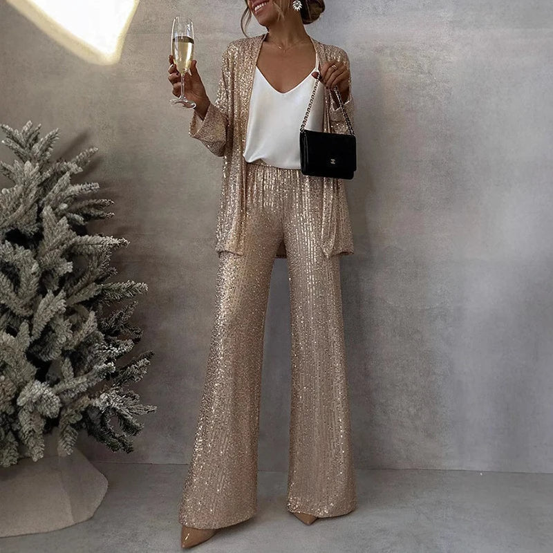 Damen Pailletten Abendset – Enganliegendes Oberteil &amp; Hochtaillierte Partyhose Set