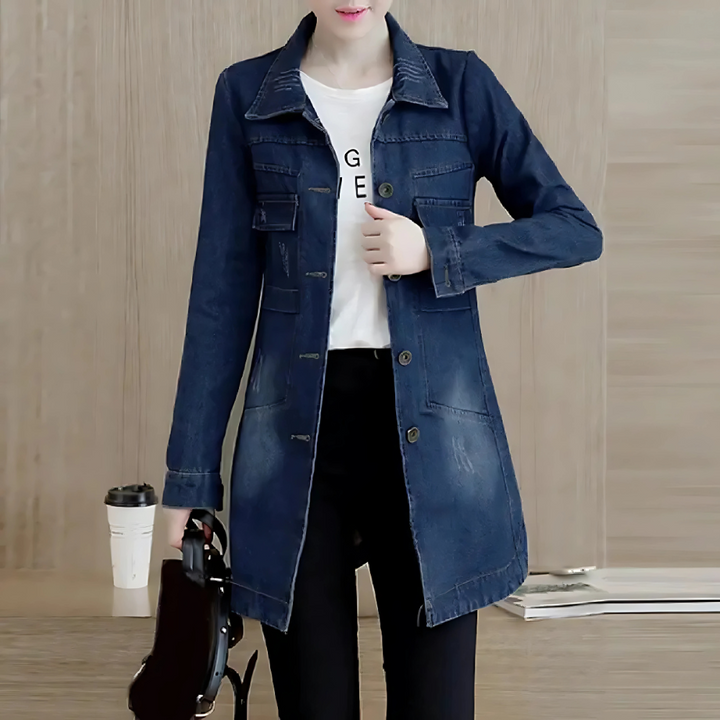 Lange Jeansjacke für Frauen mit Stickdetails