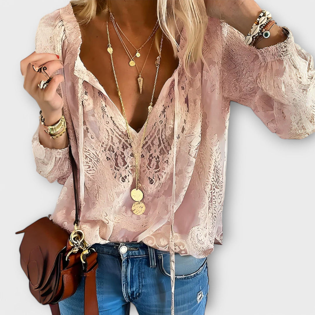 Damen Boho V-Ausschnitt Langarmtop – Entspannt Zarte Textur Sommer