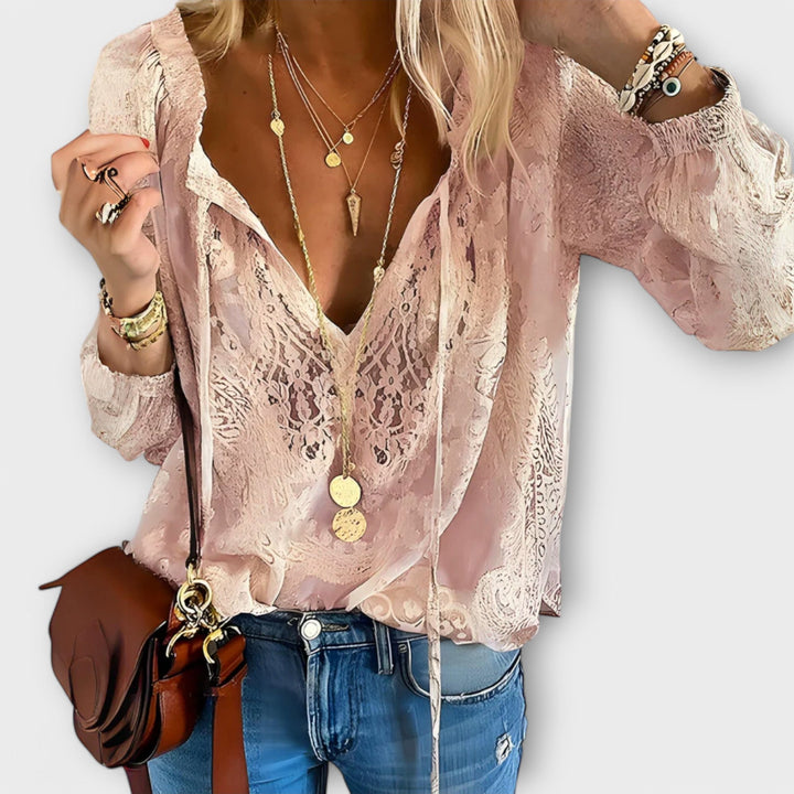 Damen Boho V-Ausschnitt Langarmtop – Entspannt Zarte Textur Sommer